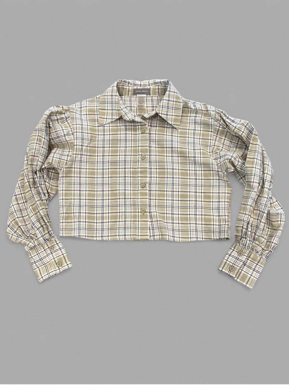 Sans Souci Plaid Cropped Puff Sleeve Button-Down Top XS sage green preppy